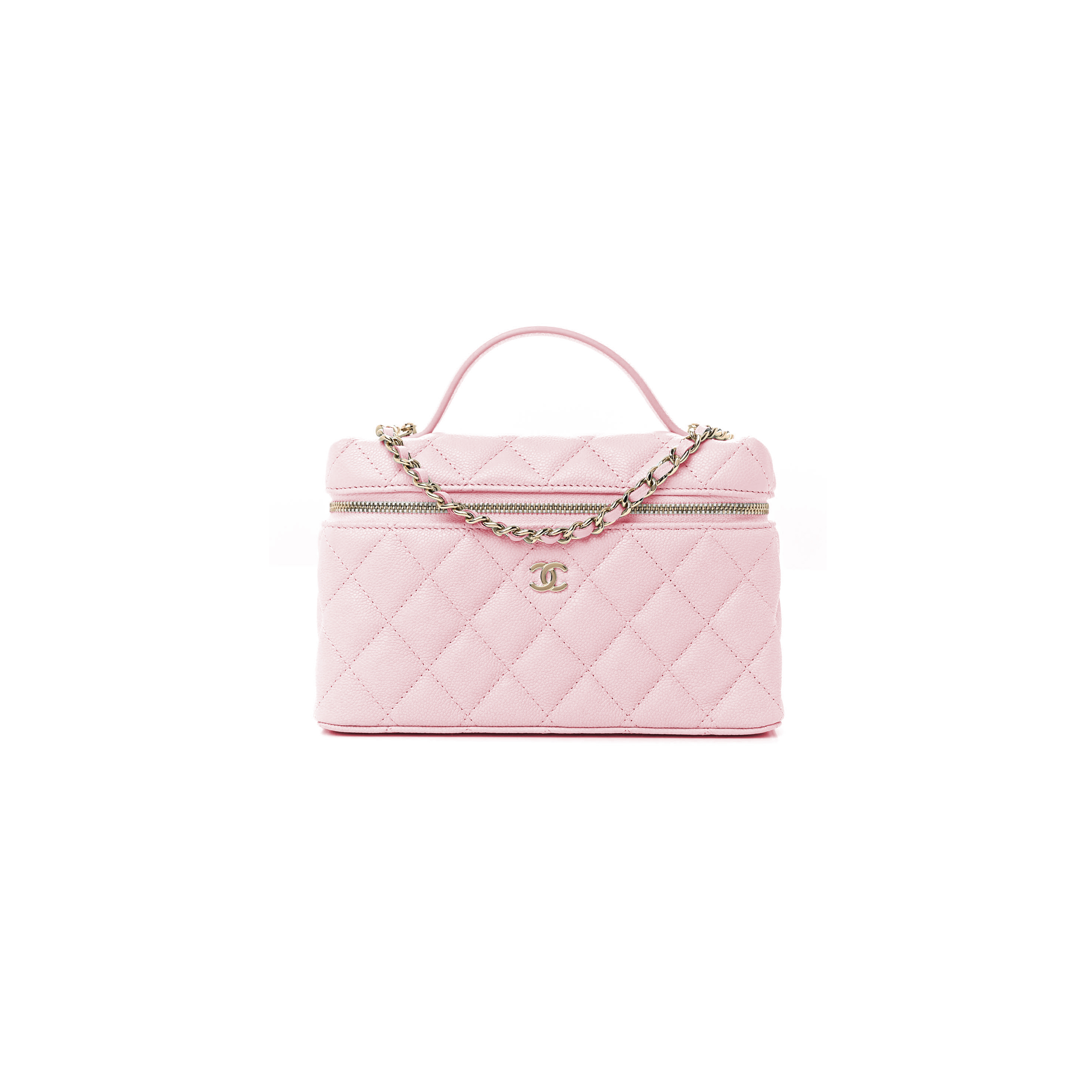 CHANEL CC TOP HANDLE LONG VANITY CASE WITH CHAIN SHINY CAVIAR LIGHT GOLD HARDWARE LIGHT PINK AP4385 B10582 (19.5*17*5cm)